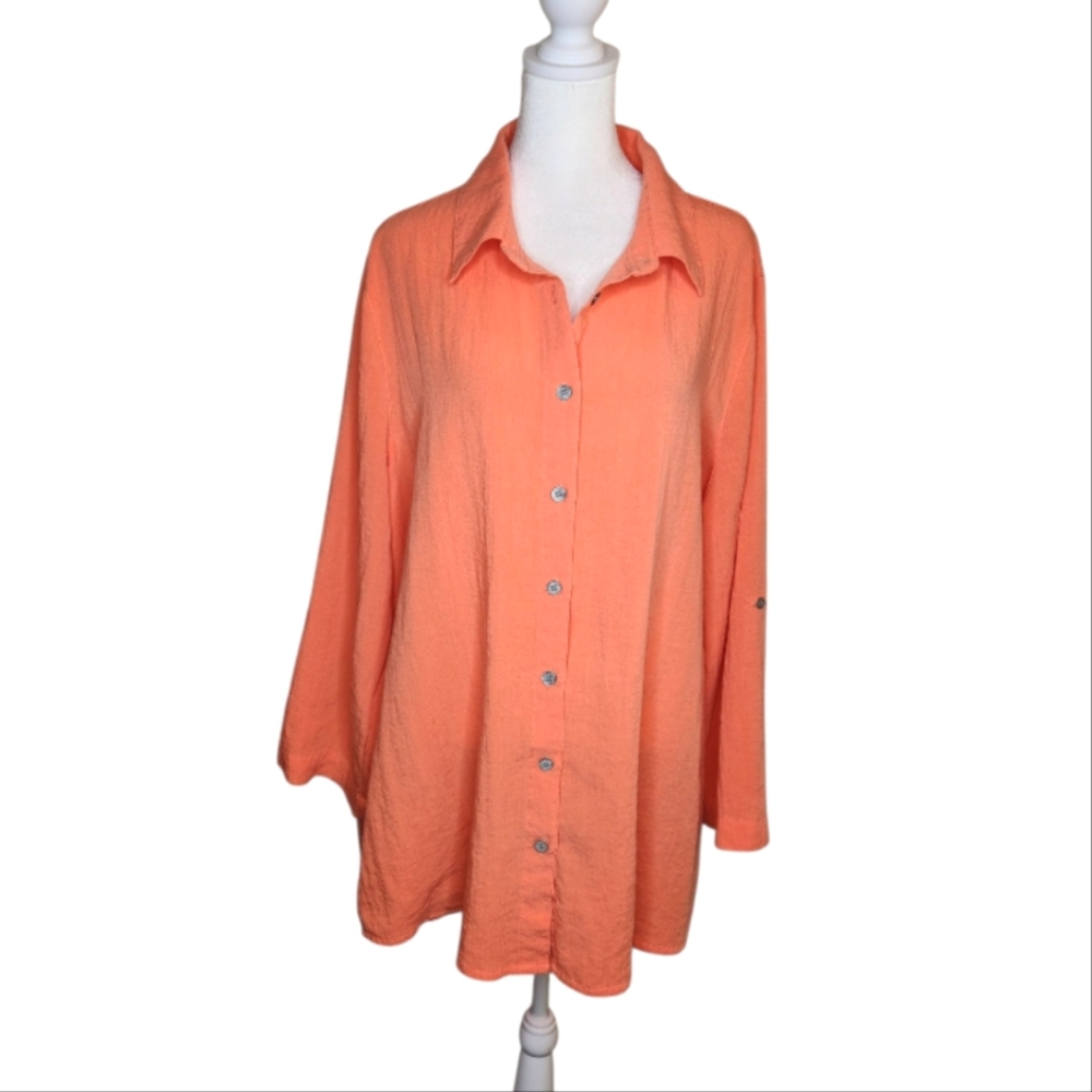 John Mark Coral Orange Button Front Tunic Ruffle Back Size XL